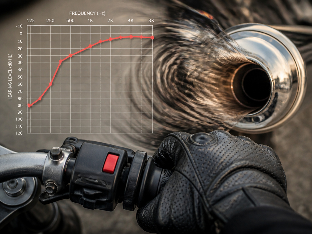 Close-up of loud motorcycle exhaust with overlaid hearing damage chart.