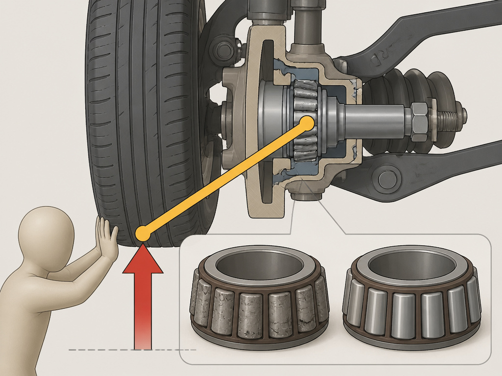 Diagram showing how wheel spacers increase lever arm force and accelerate bearing wear.
