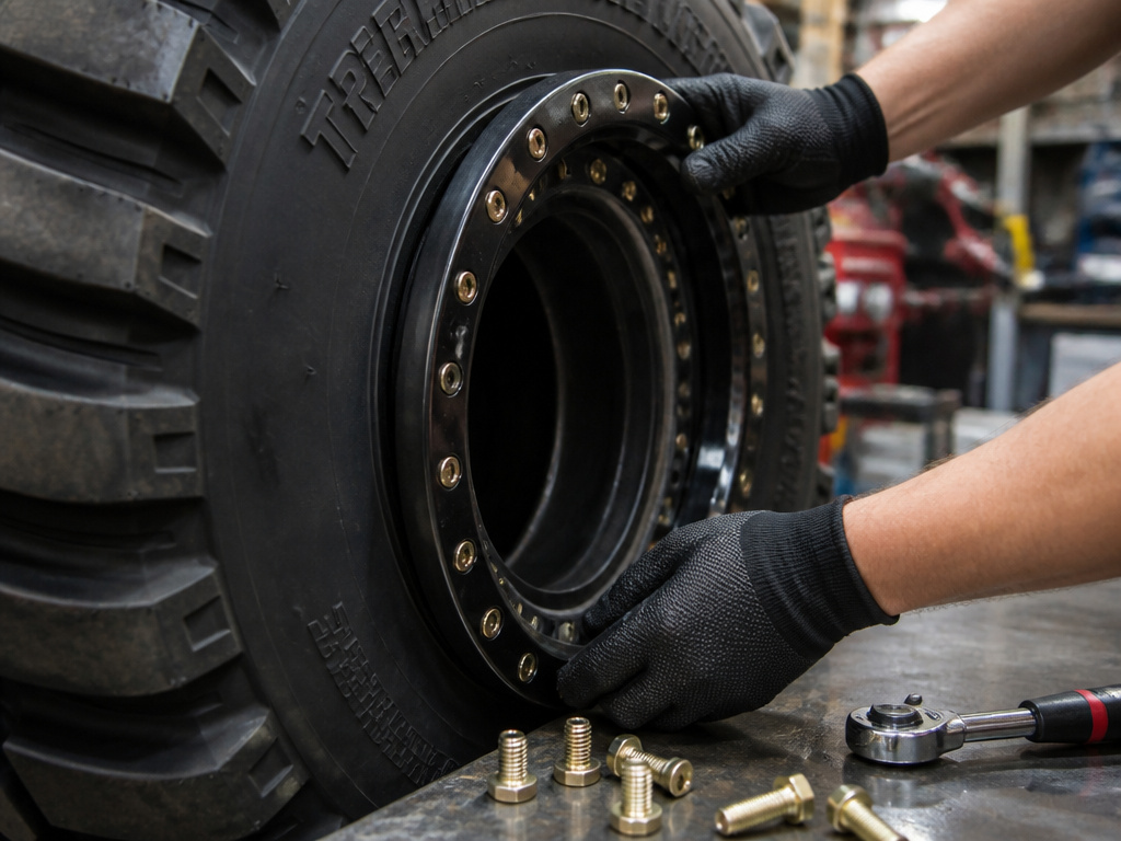 Close-up of beadlock installation on a large monster truck tire in a workshop.