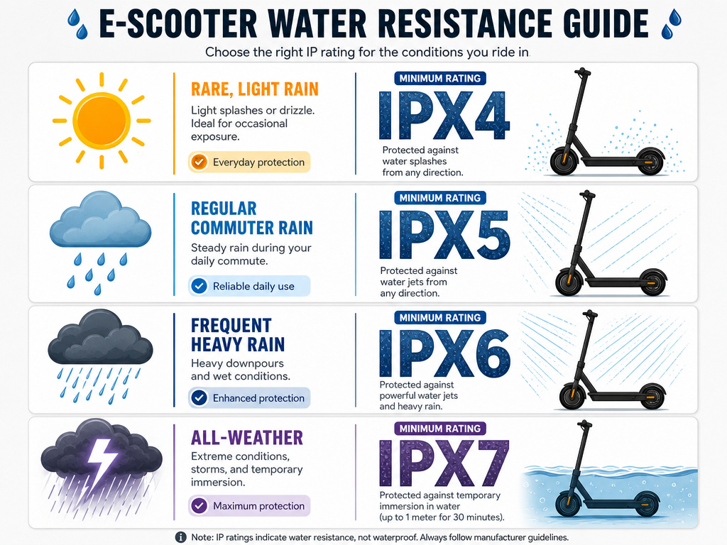 Infographic matching electric scooter IP waterproof ratings to different weather conditions.
