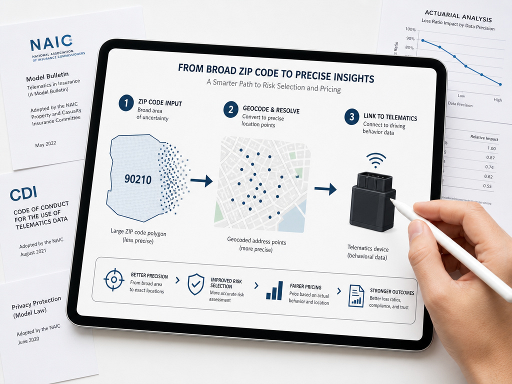 Regulatory shift from zip codes to granular geocoding and telematics for car insurance.