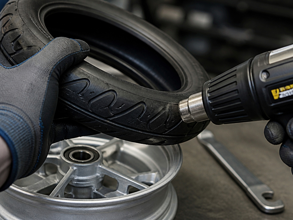 Close-up of heating a solid scooter tire for installation on a rim.