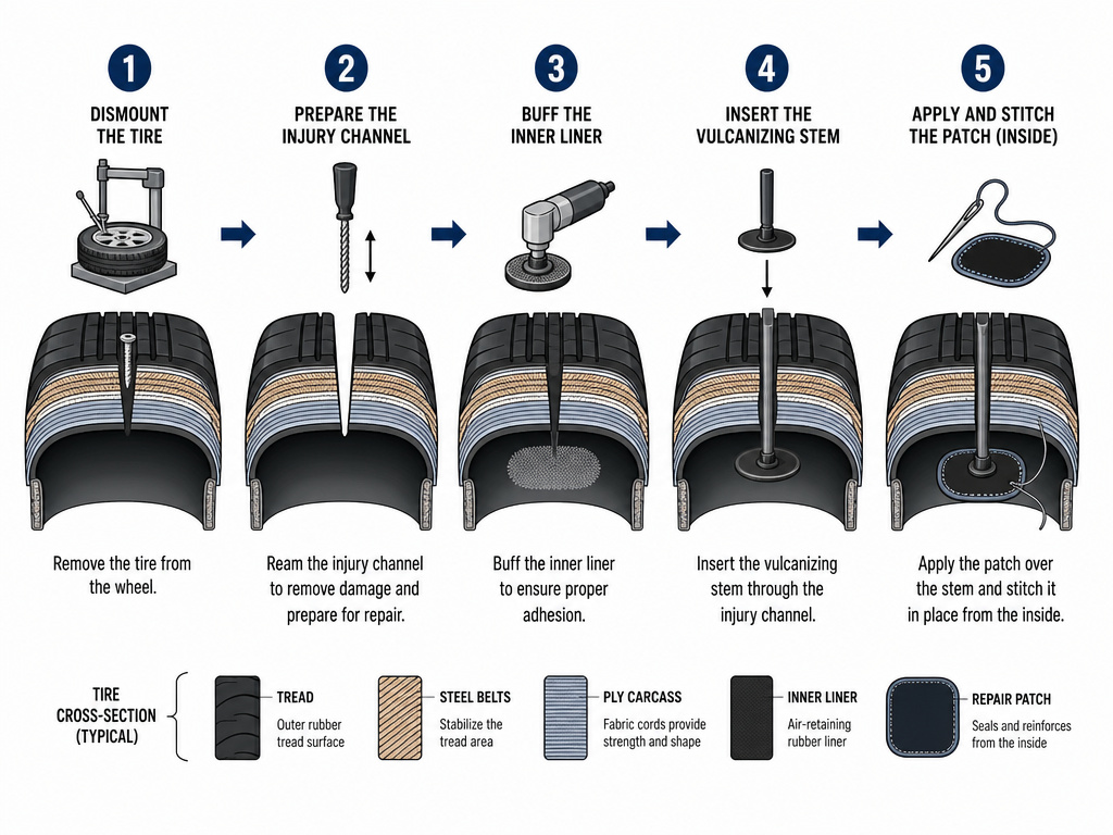Diagram of the correct plug-patch tire repair procedure for side punctures.