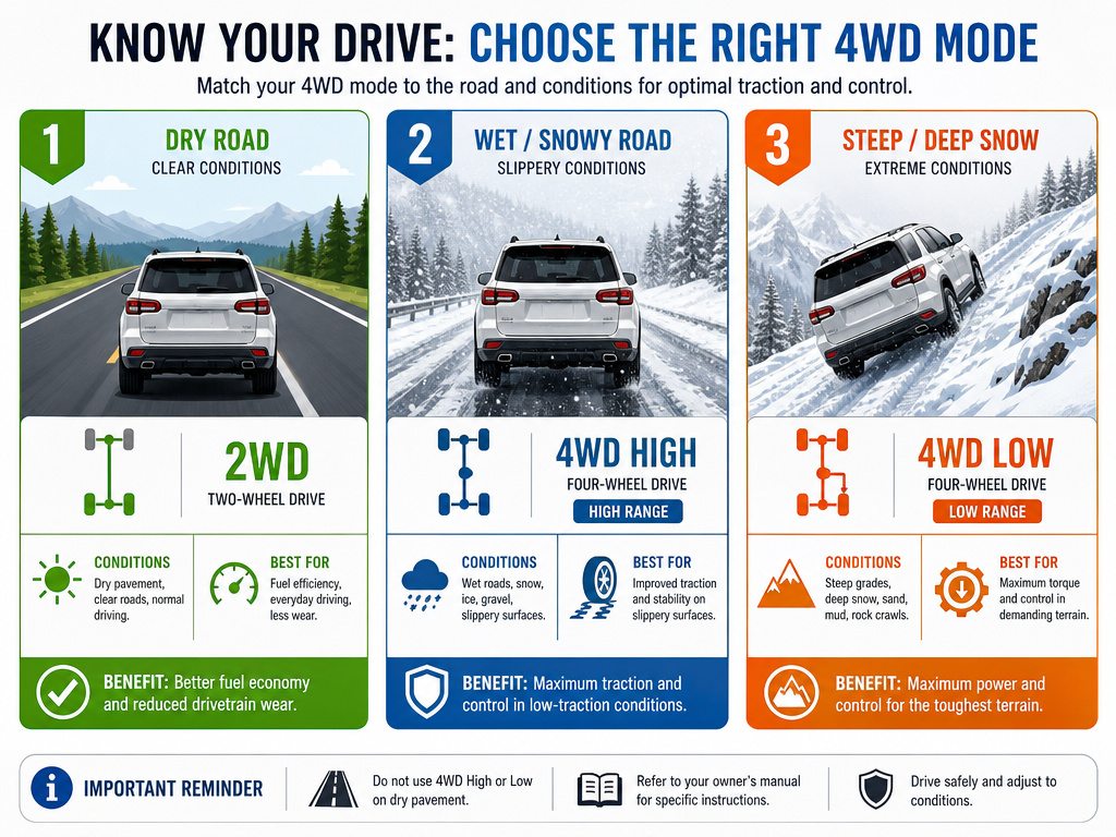 Infographic on when to use 2WD, 4WD High, and 4WD Low in winter