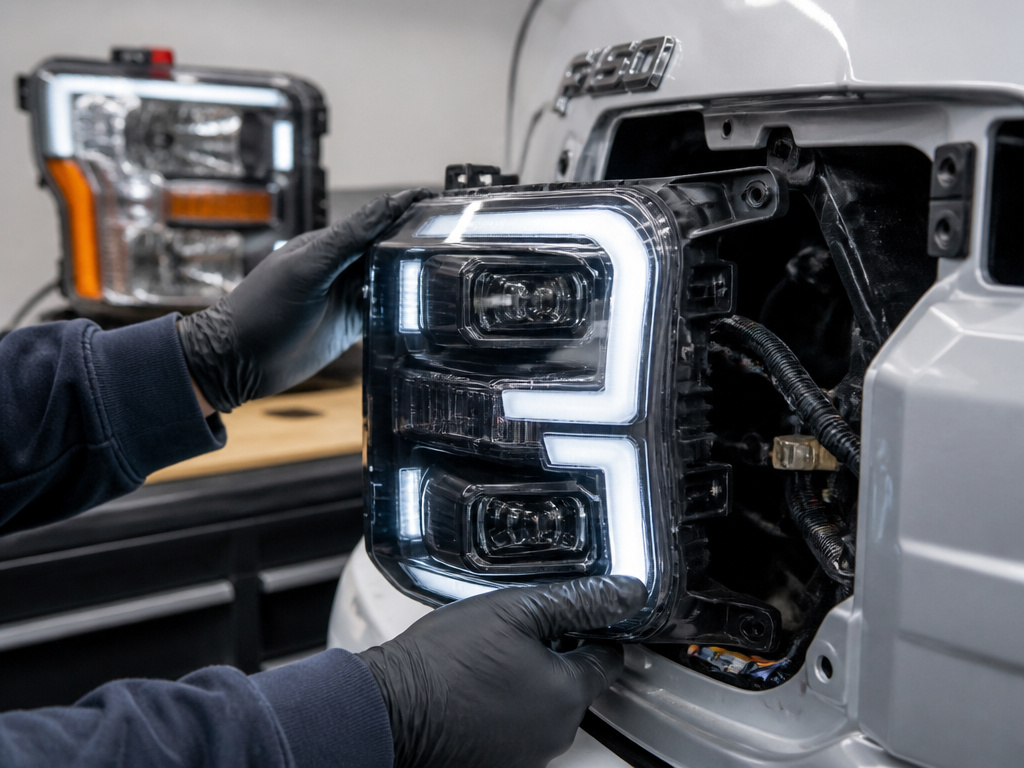 Aftermarket LED headlight installation for a Ford F-150 truck.