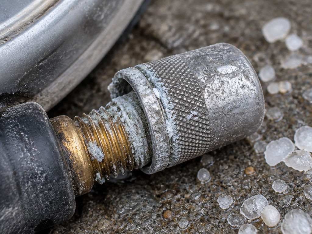 Corroded aluminum tire valve cap seized on brass stem in salt belt conditions.