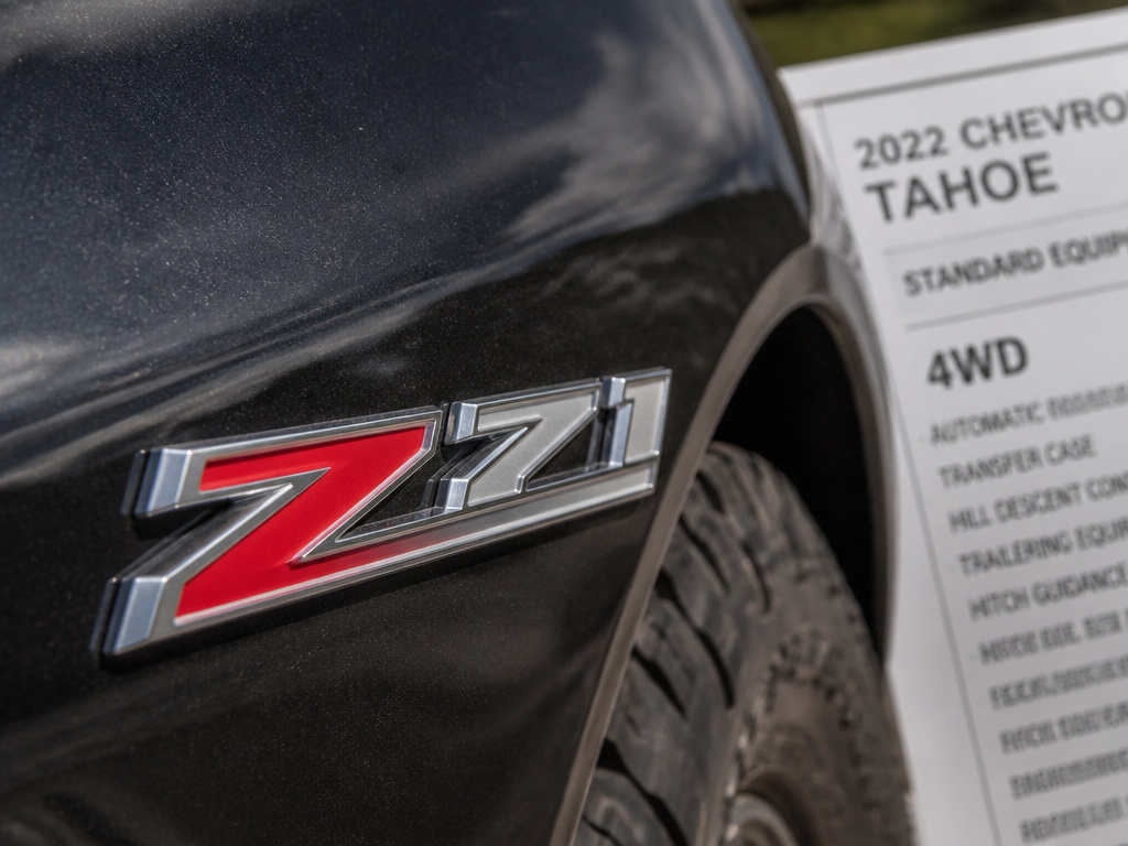 Close-up of a Tahoe Z71 badge next to official 4WD documentation.
