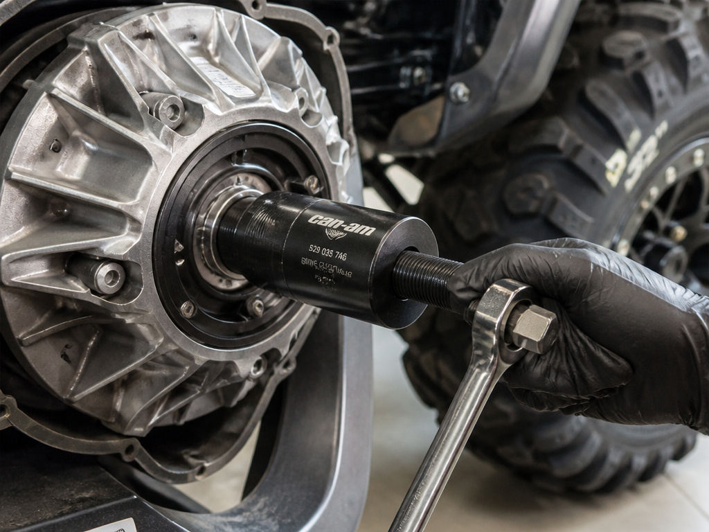 Specialized clutch puller tool in use on a Can-Am X3 with large tires.
