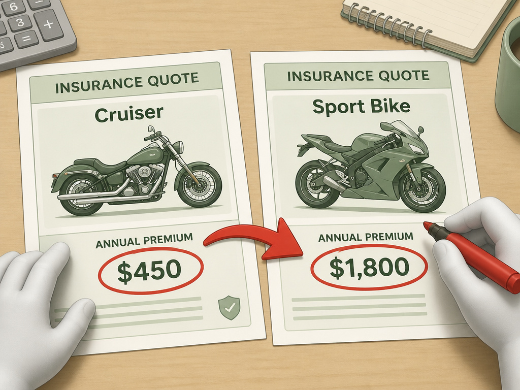Cartoon diagram comparing motorcycle insurance rates for a cruiser versus a sport bike.