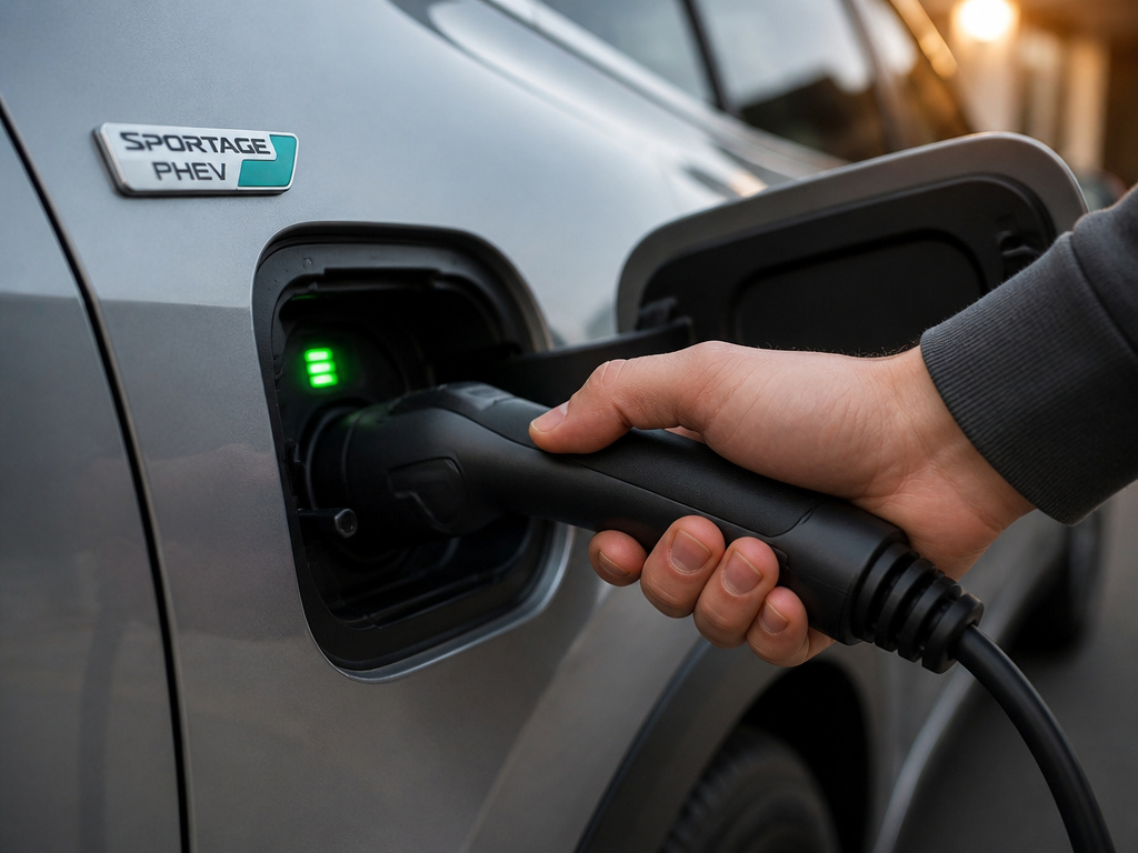 Close-up of charging a Kia Sportage plug-in hybrid SUV at home.