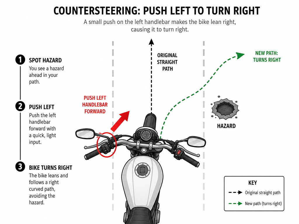 Diagram of motorcycle countersteering for an emergency swerve maneuver.