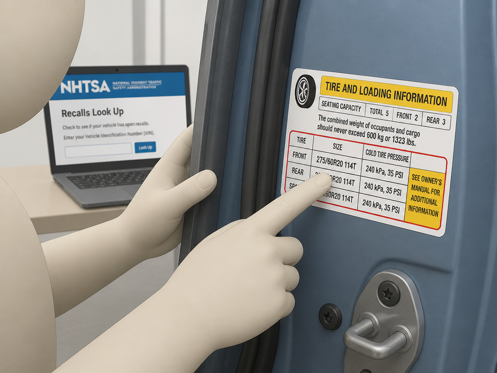 Checking vehicle doorjamb tire placard and recall status for tire swap.