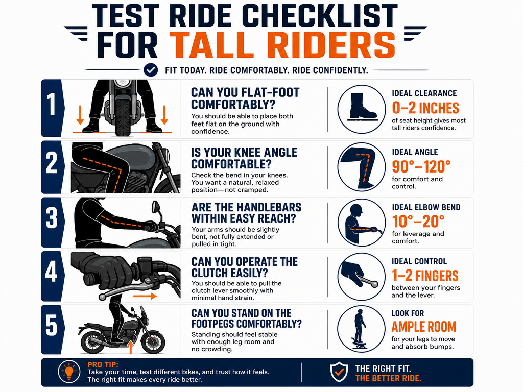 Infographic checklist for tall motorcycle riders evaluating bike fit and ergonomics.