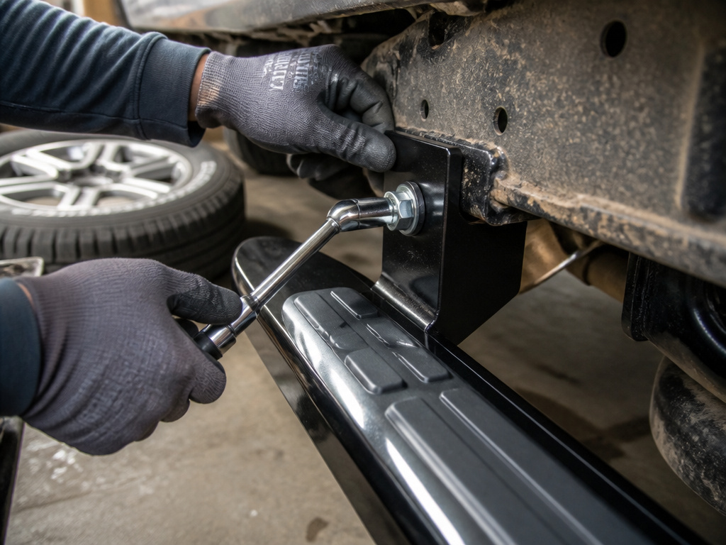 Aftermarket truck running board installation reducing payload capacity close-up