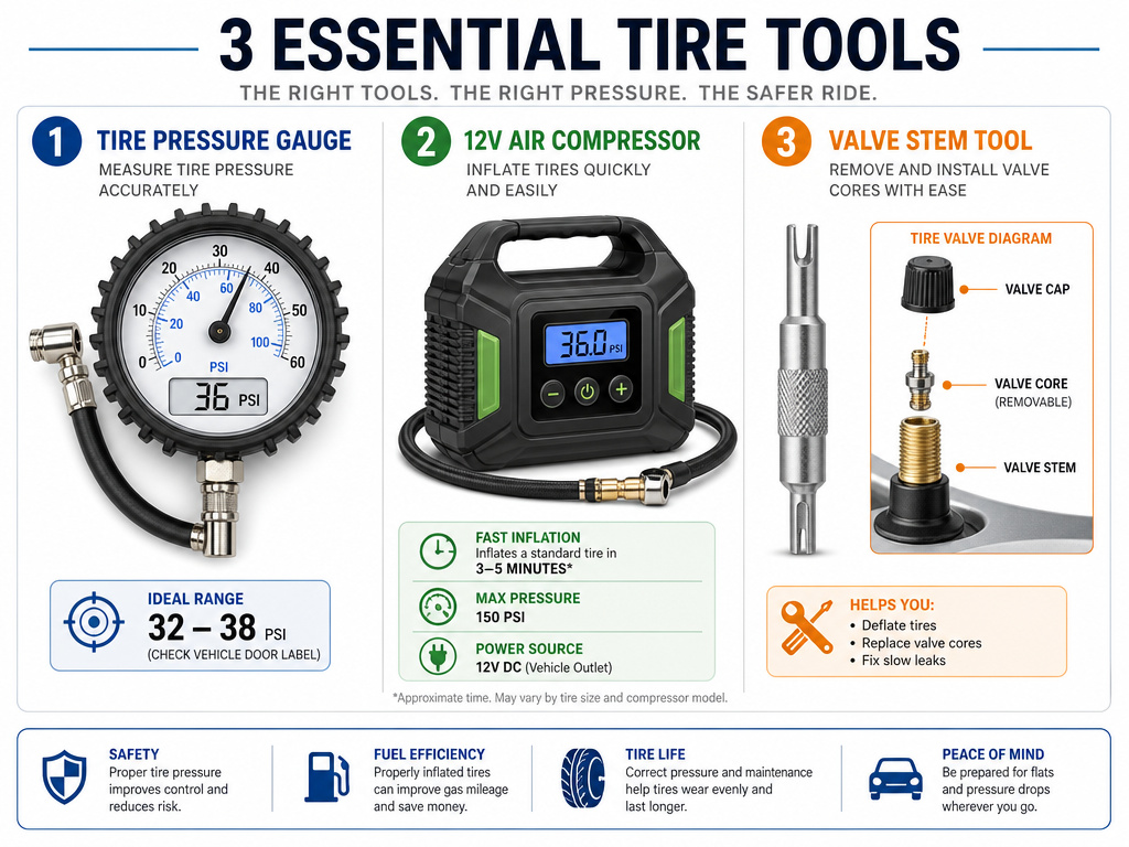 Essential motorcycle tire pressure tools: gauge, air compressor, and valve stem tool.