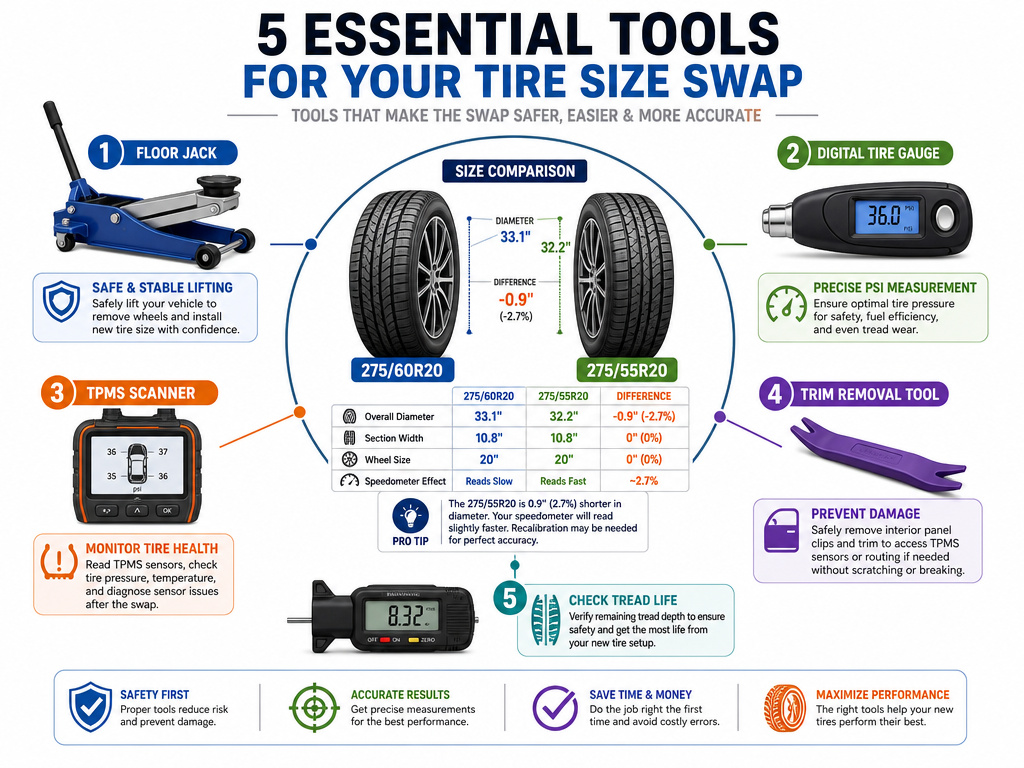 Essential tools infographic for swapping 275/60R20 to 275/55R20 tires.