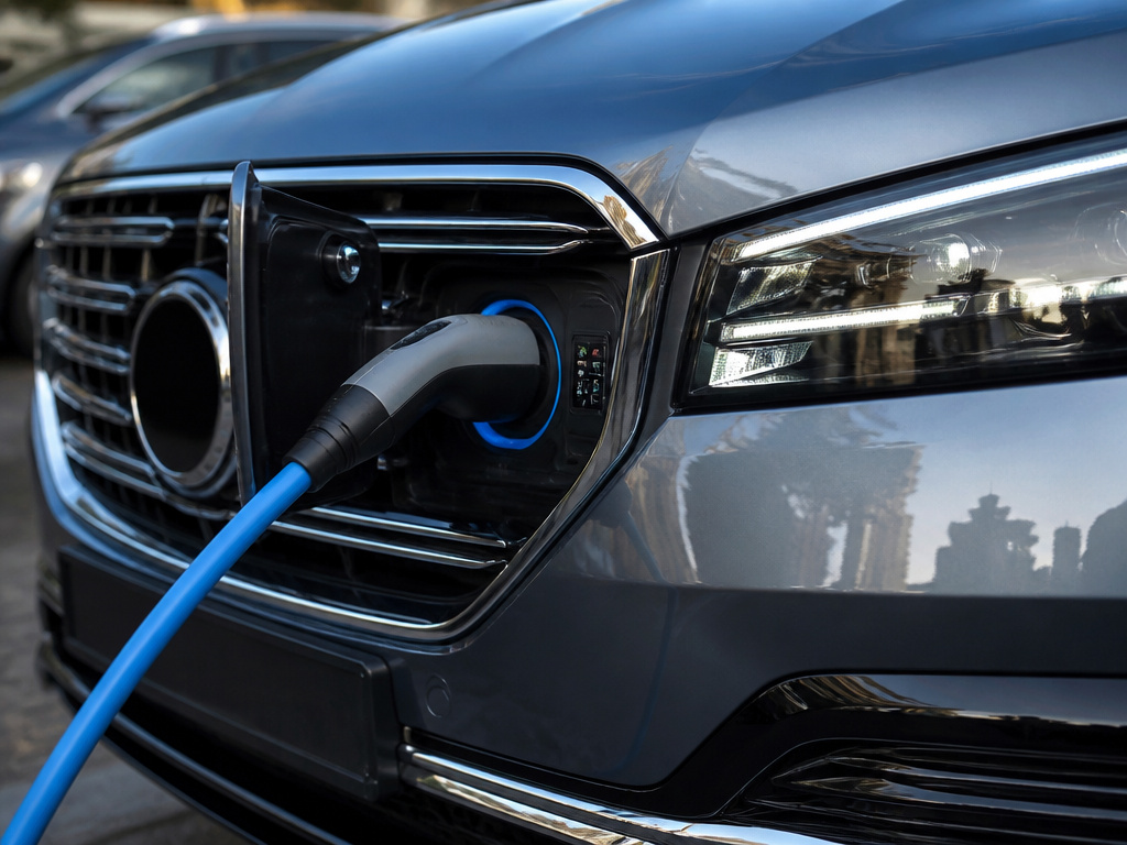 Close-up of an electric SUV being charged, highlighting modern automotive technology.