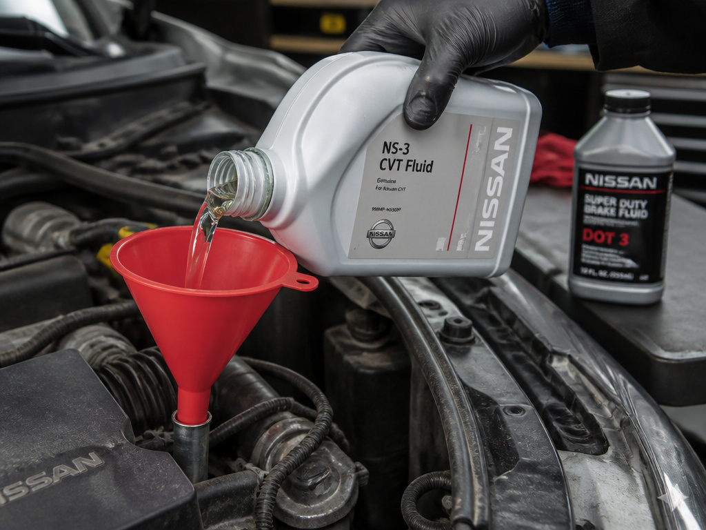 Nissan Rogue CVT fluid and brake fluid specification for transmission and brake maintenance.
