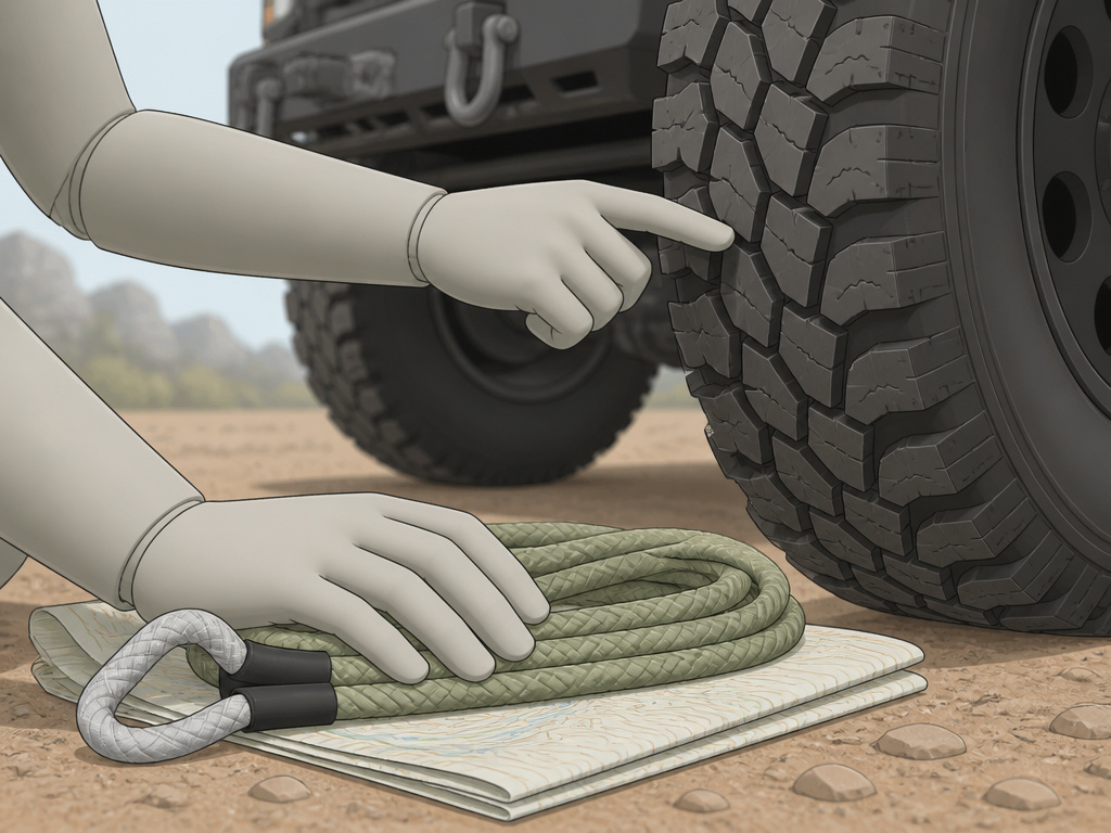 Close-up of off-road tire and recovery gear for boondocking vehicle preparation.