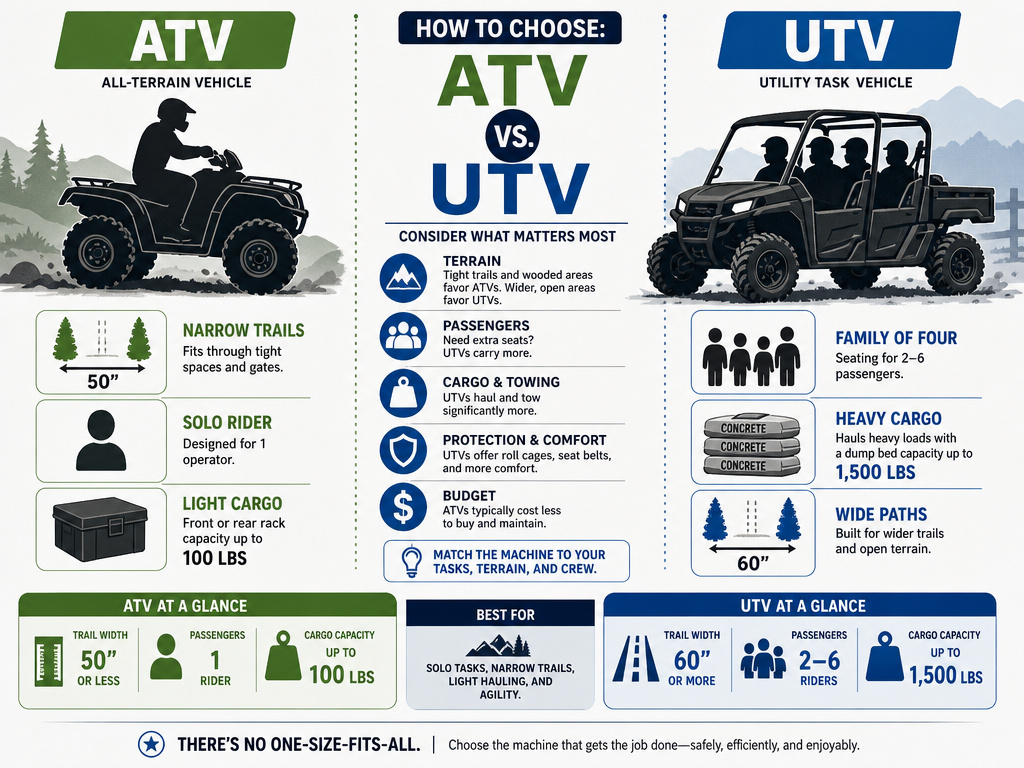 Infographic checklist comparing ATV and UTV for trail width, passengers, and cargo.