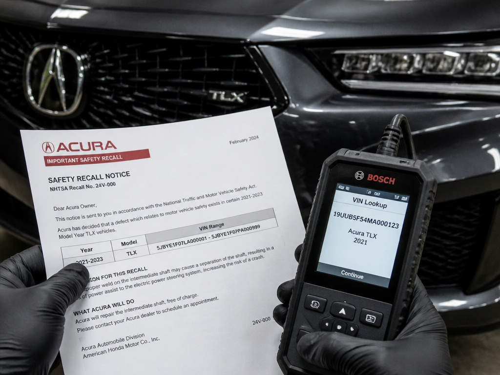 Mechanic checking recall paperwork for an Acura TLX sedan