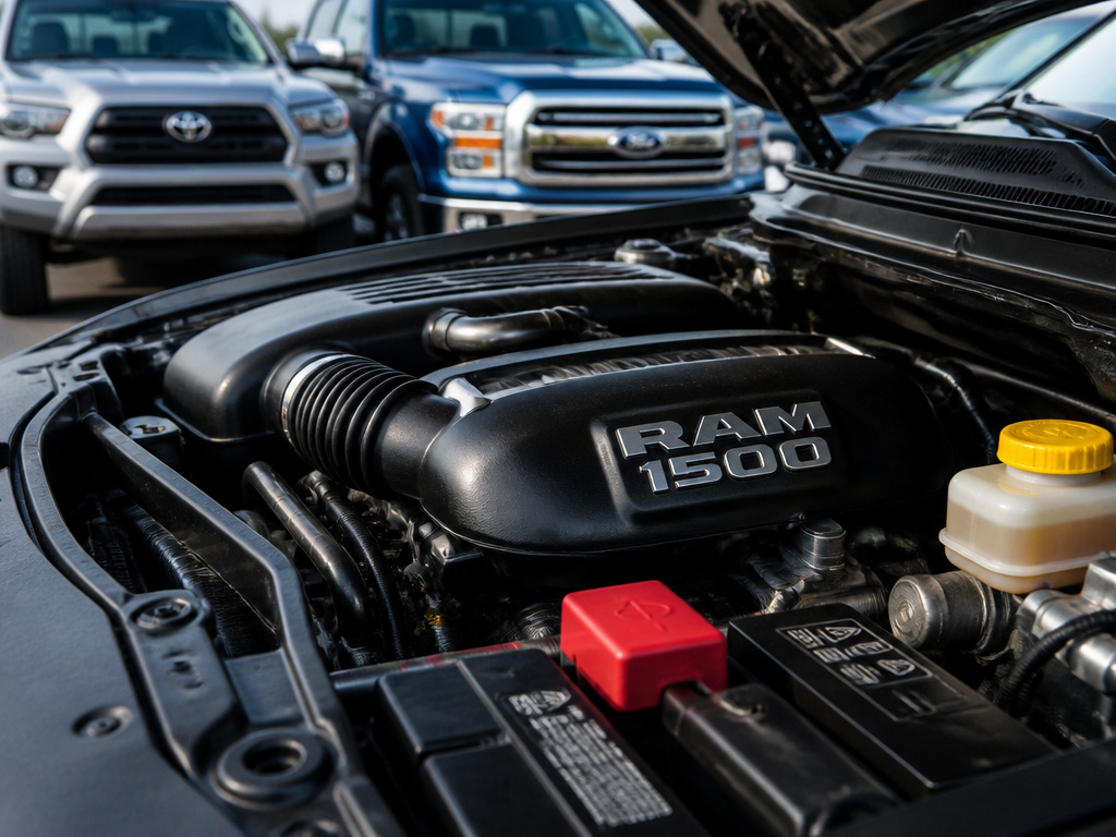 Close-up of reliable full-size truck engine from Ram 1500 benchmark model.