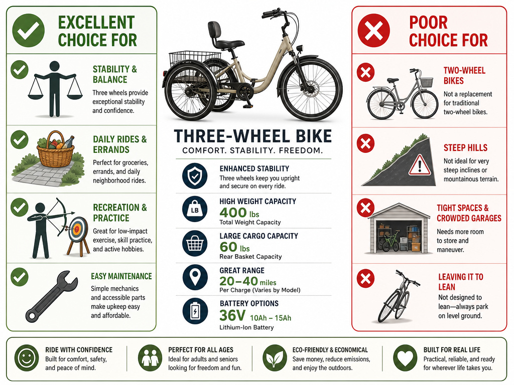 Infographic comparing which seniors are good and poor fits for a three-wheel bike.