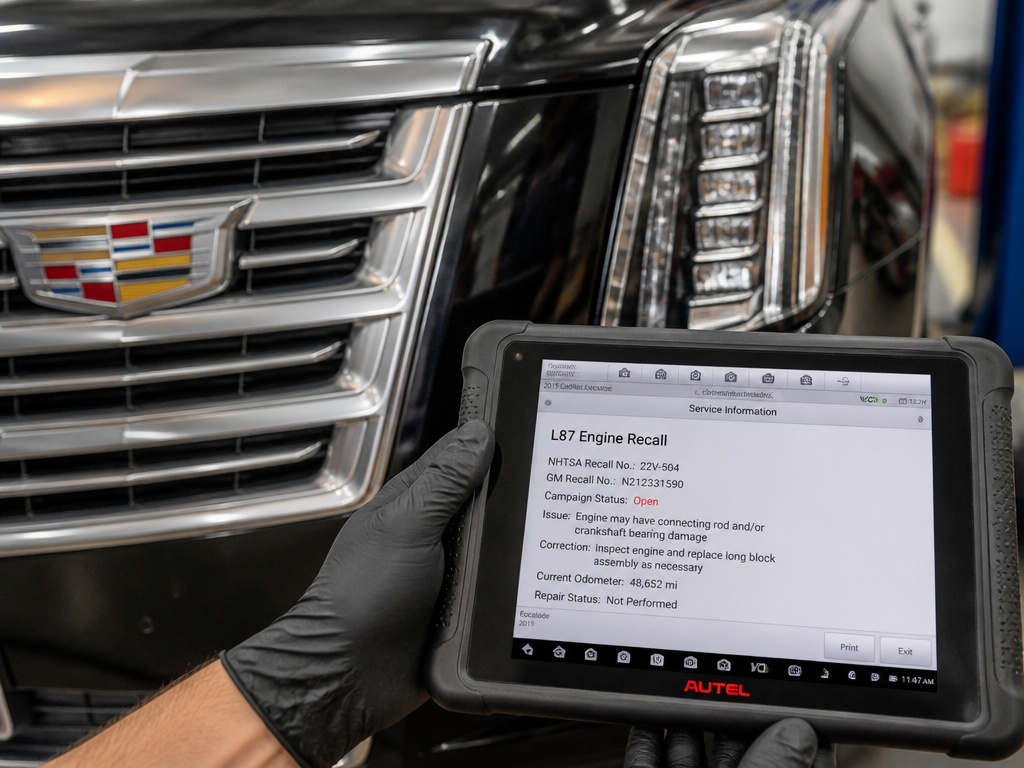 Cadillac Escalade grille with technician checking recall service documentation