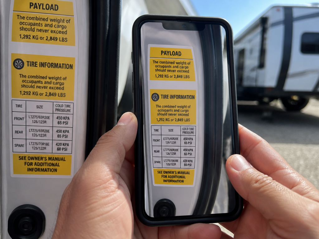 Close-up of truck payload sticker with travel trailer attached in background.