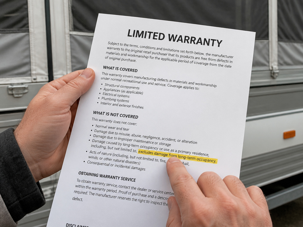 Close-up of pop-up camper warranty fine print being examined.