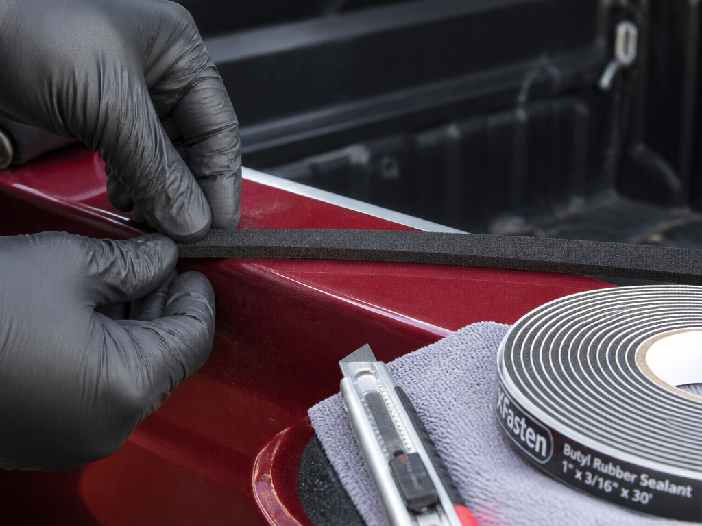 Installing a bed seal kit on a pickup truck to prevent dust and water leaks.