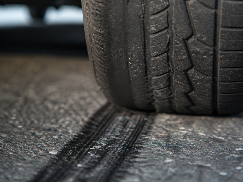 Worn winter tire with slick tread making a skid mark on dry pavement.