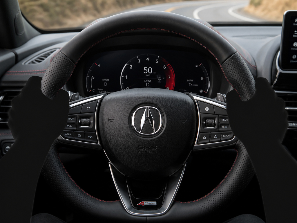 Acura TLX driver's perspective with hands on the steering wheel, showcasing driving dynamics.