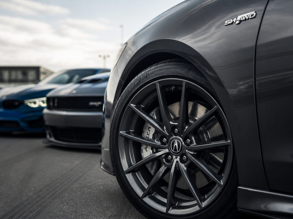 Acura TLX SH-AWD wheel with rival BMW and Dodge sedans blurred in background.