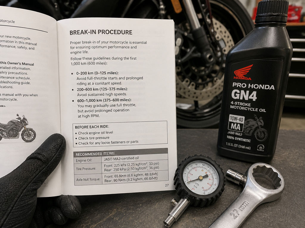 Essential motorcycle break-in tools: owner's manual, tire gauge, and correct oil.