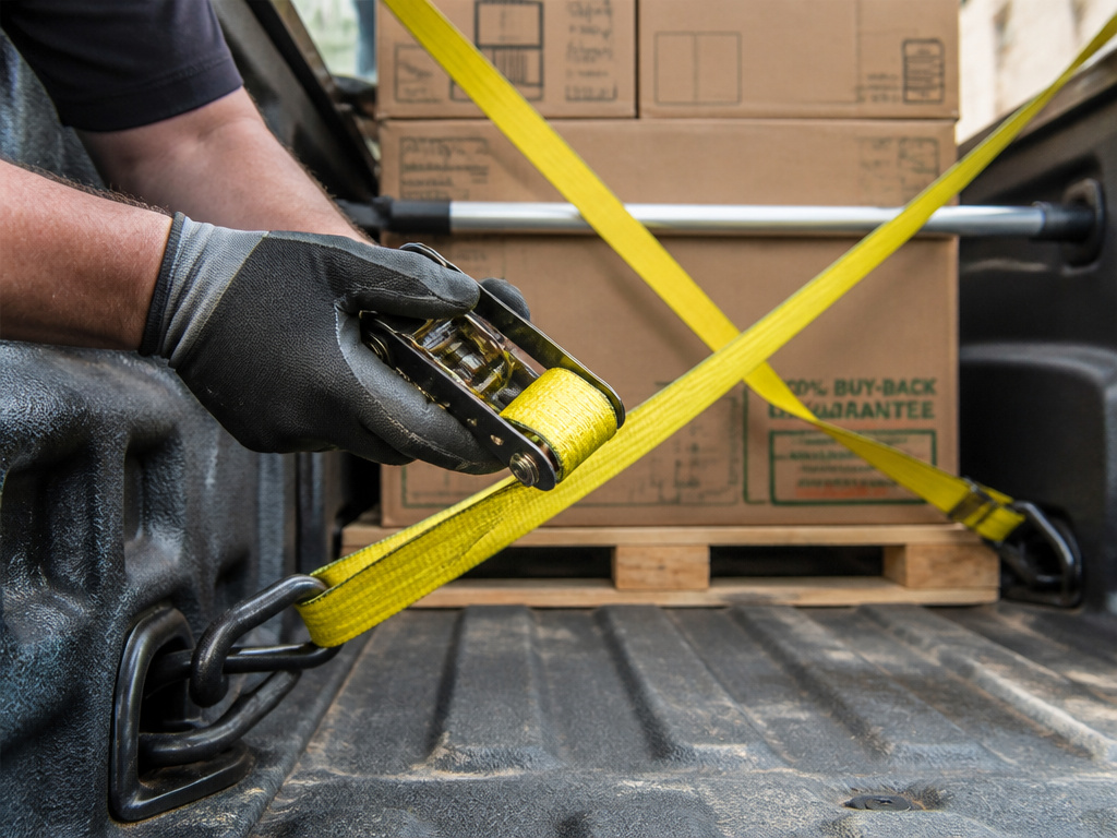 Close-up of ratchet strap securing cargo in a pickup truck bed.