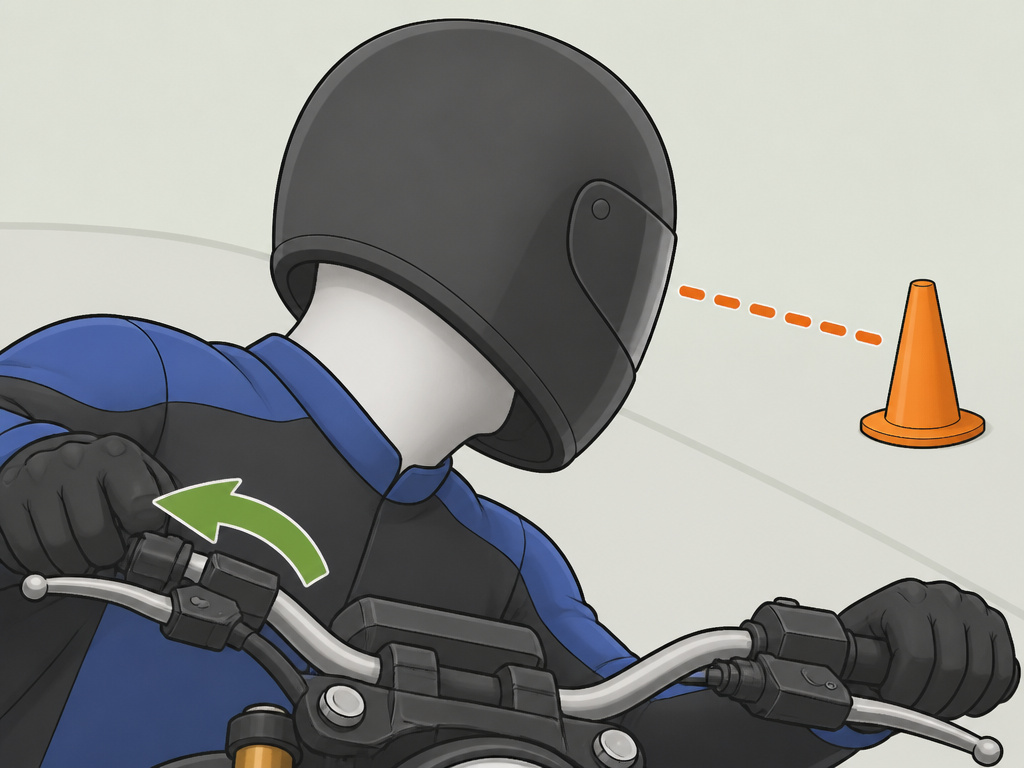 Motorcycle swerve drill showing head turn and counter-steering to avoid target fixation.