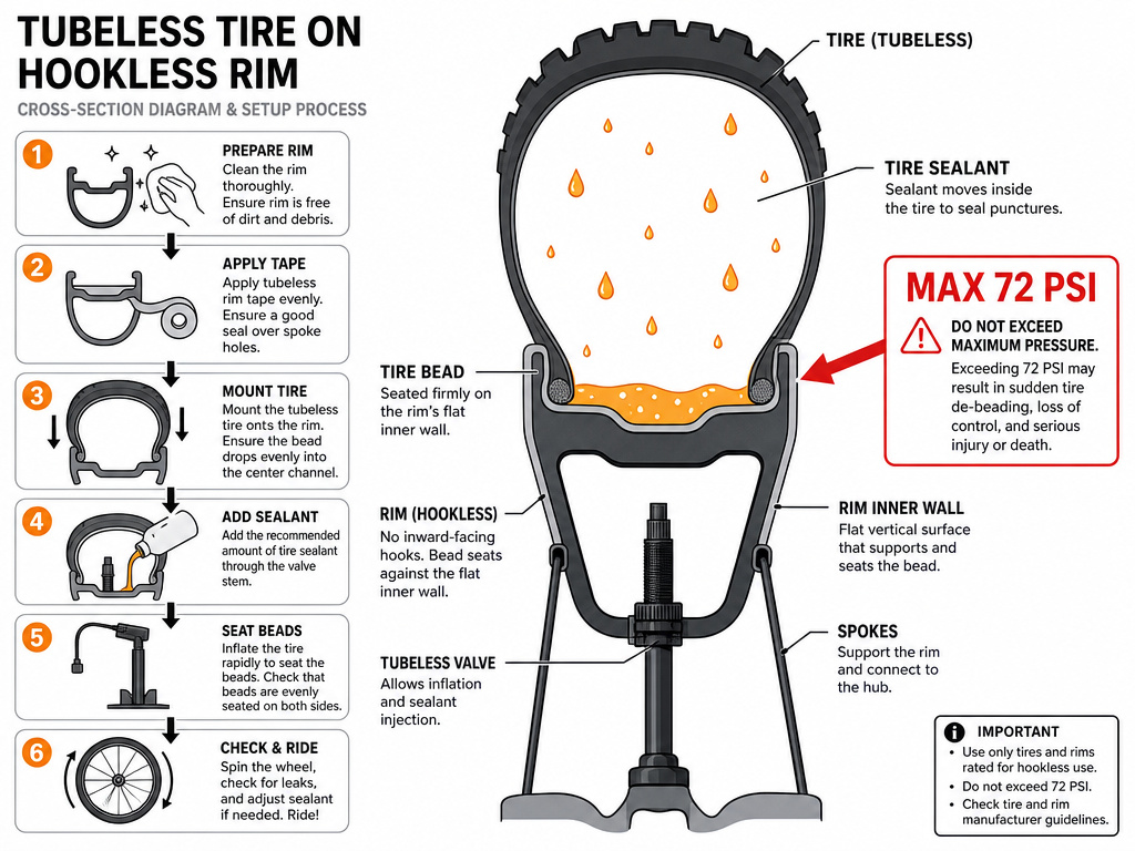 Diagram of tubeless tire pressure on a hookless bicycle rim with sealant.