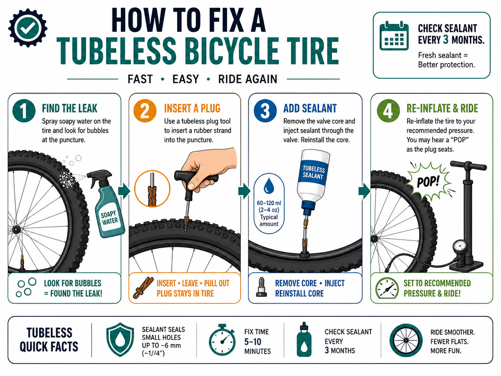 Step-by-step infographic for repairing a flat tubeless bicycle tire.