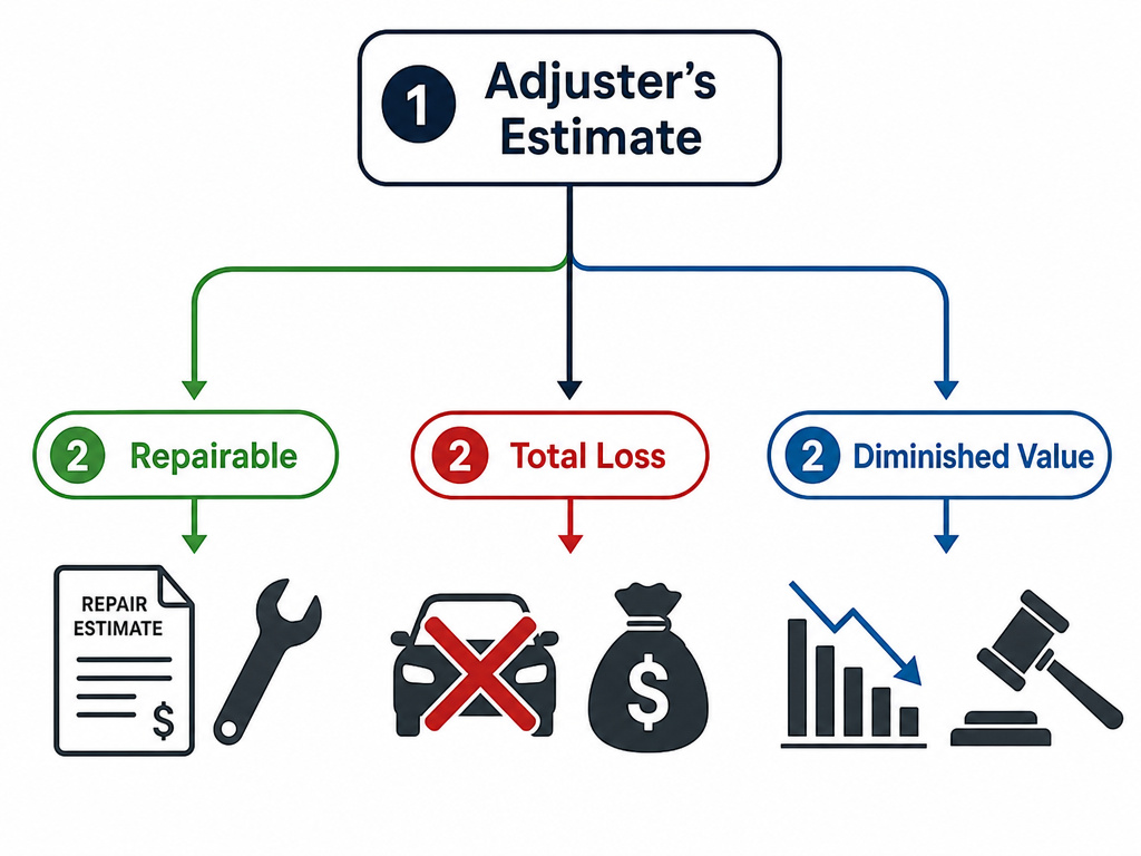 Insurance claim settlement flowchart for repair, total loss, or diminished value.