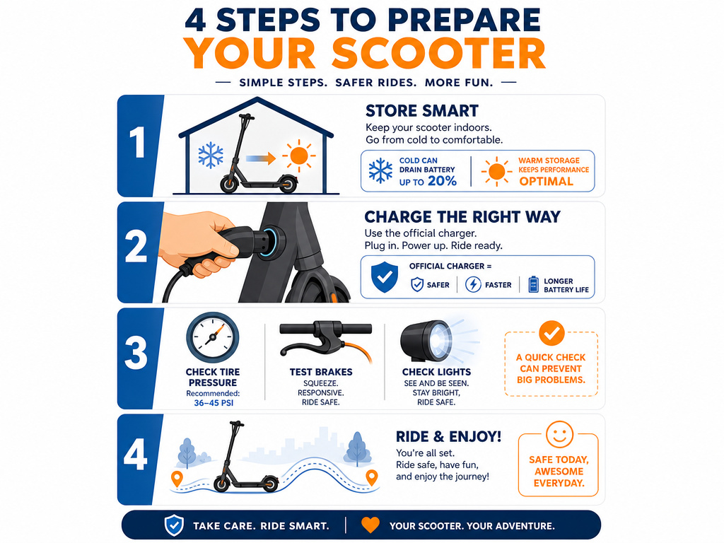 Four-step infographic for reviving an electric scooter after winter storage