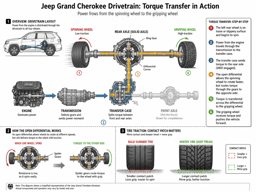 Diagram of Jeep 4WD torque transfer and tire grip comparison.