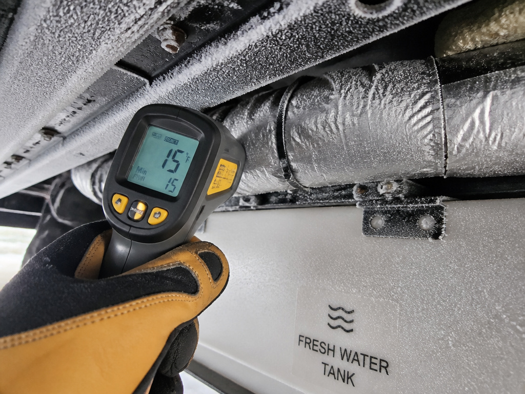 Close-up of an RV's insulated underbelly and heating duct in freezing conditions.