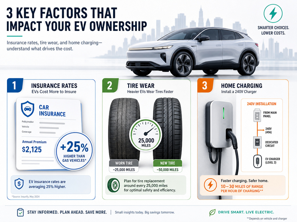 Infographic on electric SUV hidden costs: insurance, tire wear, and charger installation.