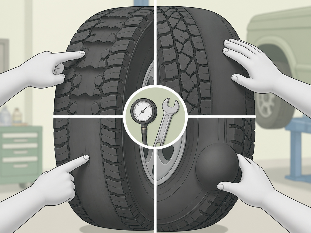 Diagram of common all-terrain tire wear patterns: cupping, shoulder, center, and sidewall damage.