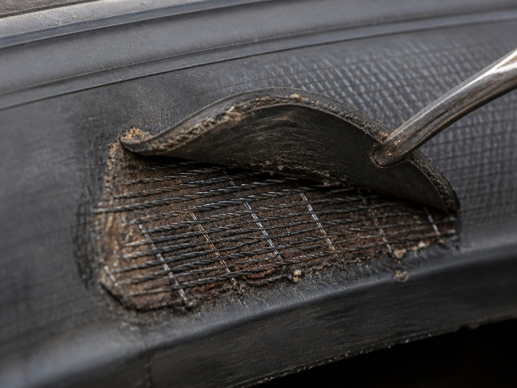 Failed sidewall tire patch peeling to reveal damaged internal cords.