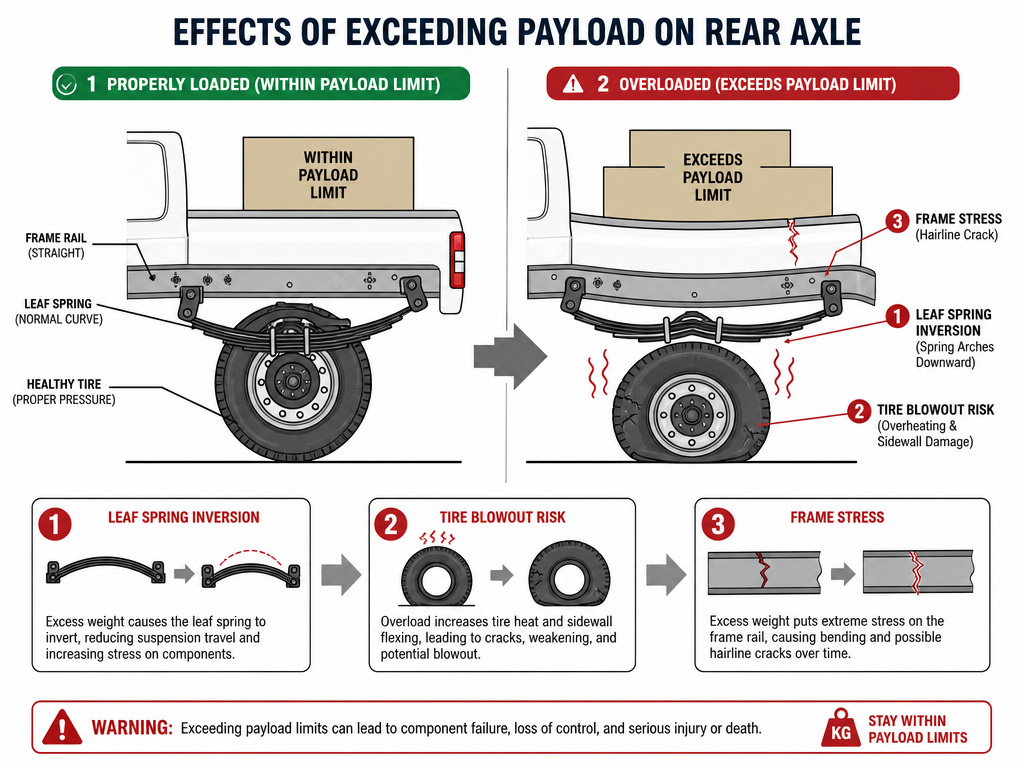Diagram showing truck damage from overloading: suspension, tire, and frame failure.