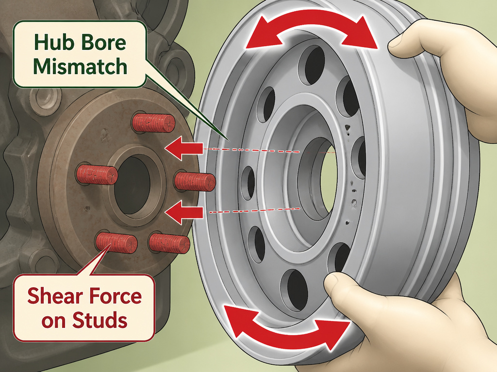 Cartoon diagram of donut tire hub bore mismatch causing wheel wobble
