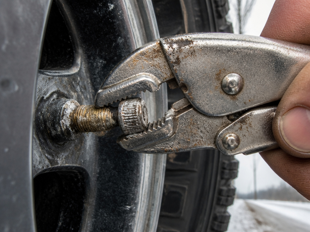 Corroded aluminum tire cap stuck and damaging a brass valve stem.