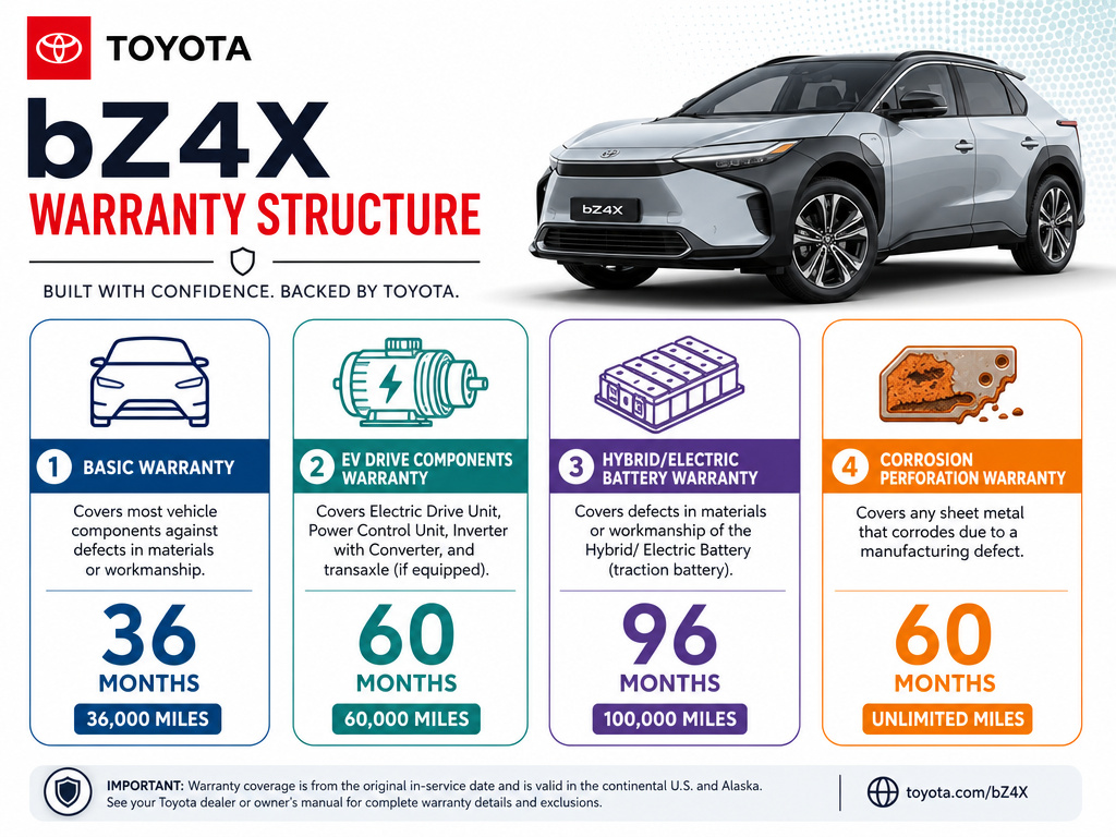 Toyota bZ4X warranty coverage comparison table graphic.